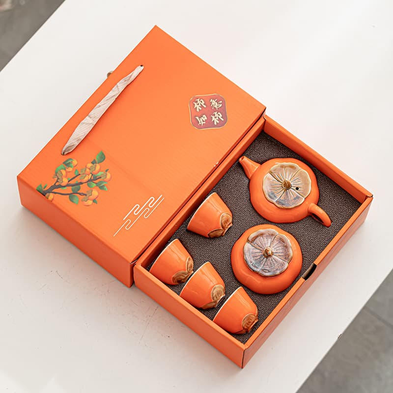 Shishi Ruyi" Persimmon Tea Set with Teapot and Cups, Custom Ceramic Gift Box Souvenir Set