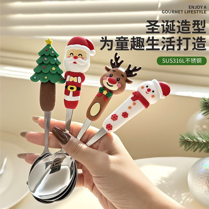 Christmas spoon and fork tableware set creative tableware spoon dessert spoon and fork cartoon Santa Claus spoon and fork gift box