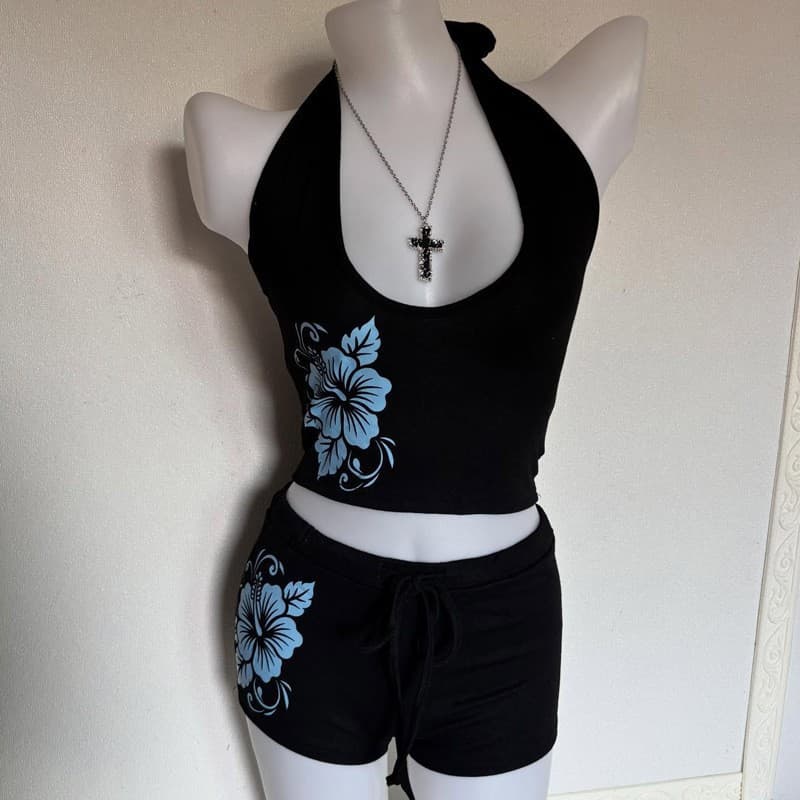Cross-border INS Summer Women's Vest Shorts Set Gothic Print Wrap Top Sexy Street Women Wholesale