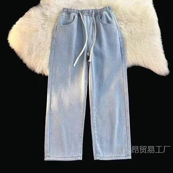 Spring/Summer Men's Jeans, Loose Straight-Leg Trendy Versatile Elastic Waist Cropped Pants Streetwear