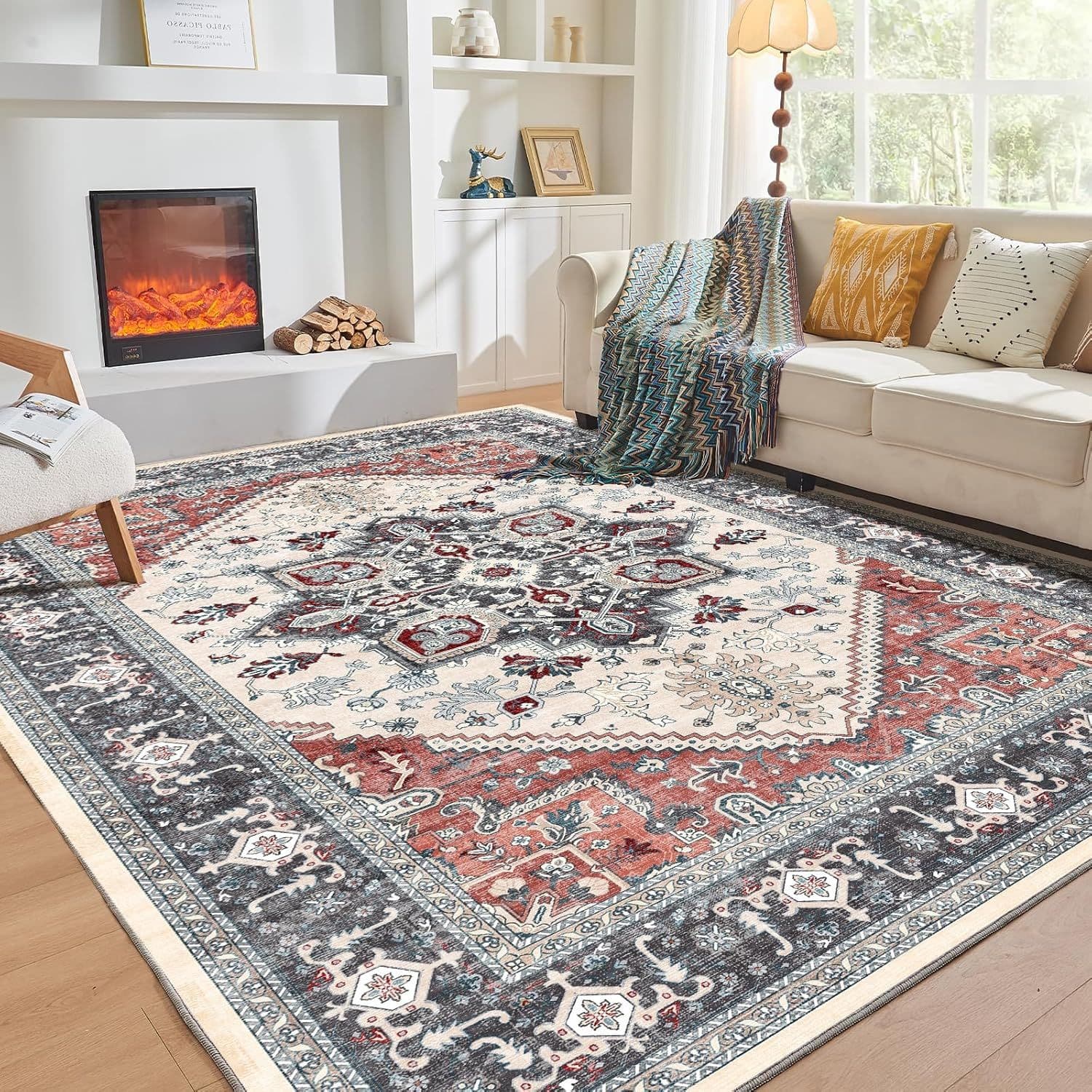 Cross-border bohemian style geometric floral large carpet for home living room, stain-resistant and easy to care for sofa coffee table blanket in stock