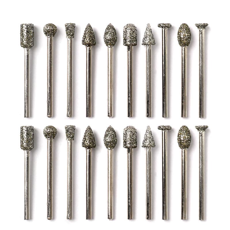 20PC Diamond Coated Grinding Head Coarse Grit Needle File Burr Set for Jade Stone Carving Polishing Deburring Rotary Tool Accessories