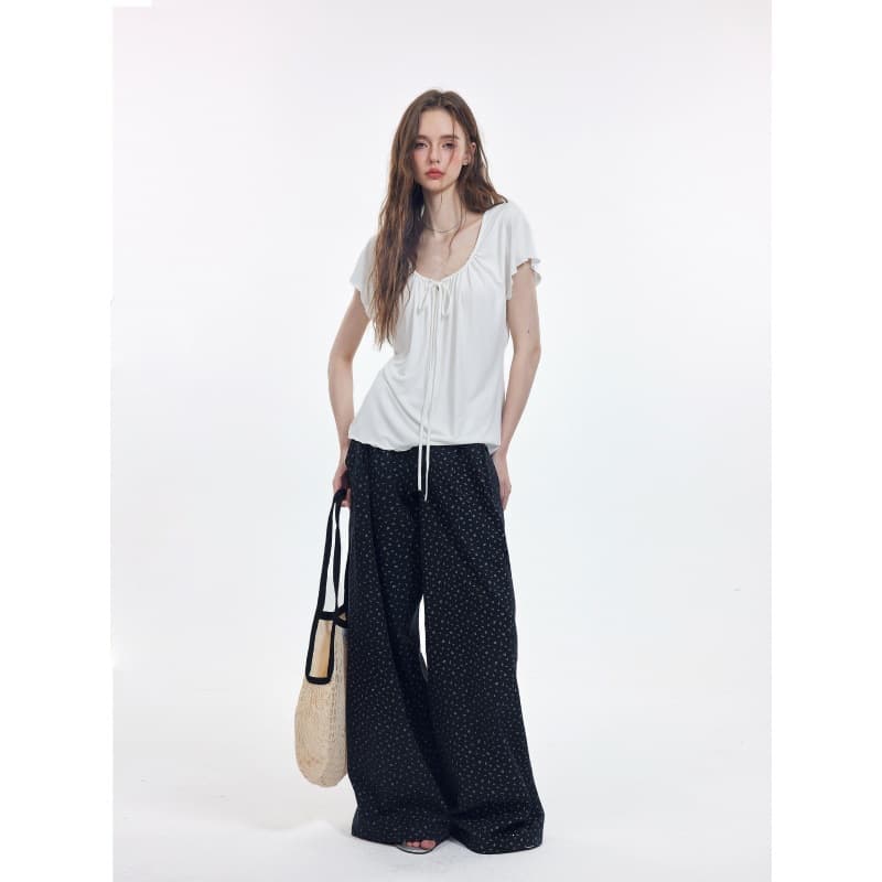 Abesi Pleated Tie White Fitted Waist Slimming Short Sleeve T-Shirt Korean Summer U-Neck