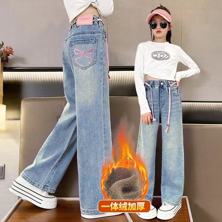 Girls' velvet jeans, thickened one-piece velvet, winter outerwear, stylish children's warm, loose, straight-leg pants for girls