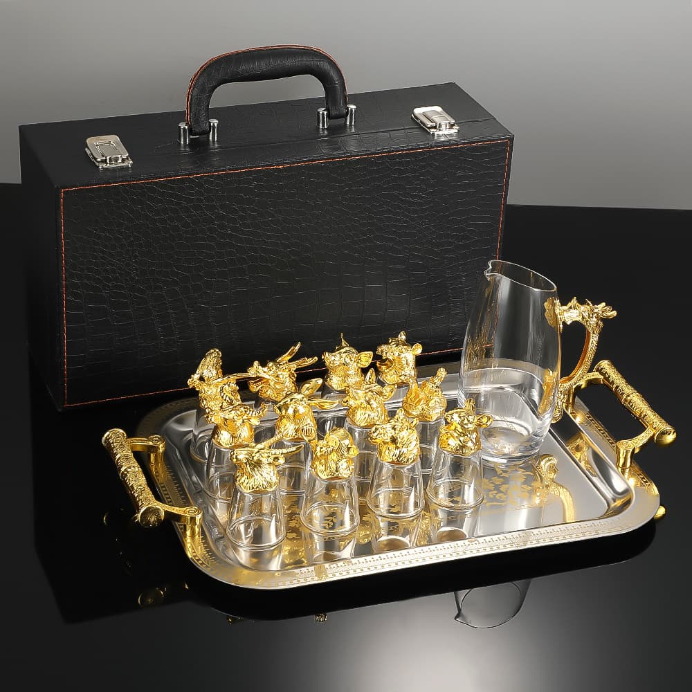 Chinese Zodiac Liquor Glasses Set, 12-piece Glass Shot Cups in Bullet Shape