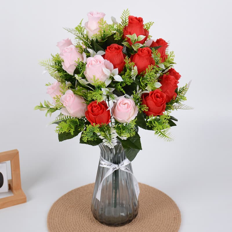 Artificial Rose Flowers 12-Piece Red Silk Flowers Dried Flower Bouquet Desktop Decoration Living Room Ornament 18 Heads