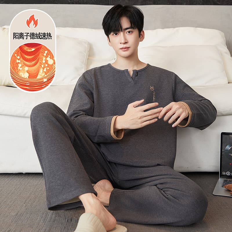 Silk Wool DeRong Men's Pajamas Autumn Winter Long Sleeve Set Youth Heat Retention Warm Round Neck Casual Homewear