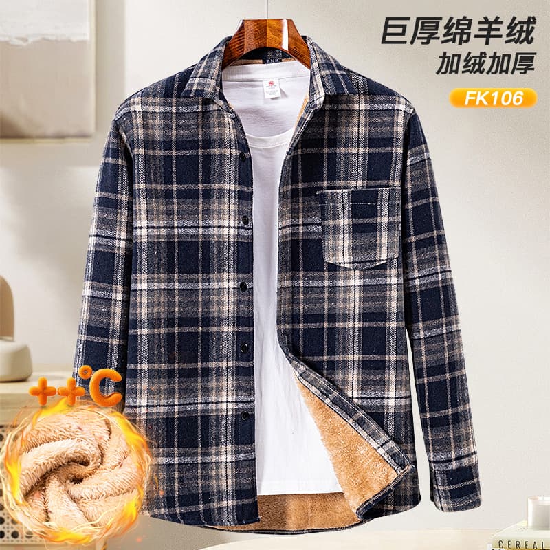 Trendy men's autumn/winter fleece-lined, thick, warm, pure cotton casual plus size stylish plaid coat/shirt