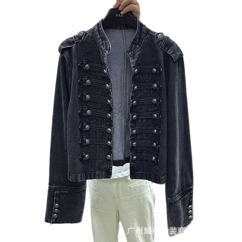 Heavy-Duty Punk Motorcycle Short Jacket for Women, Trendy Spring/Fall New Arrival, Slim-Fit Stand Collar Long-Sleeve Denim Coat