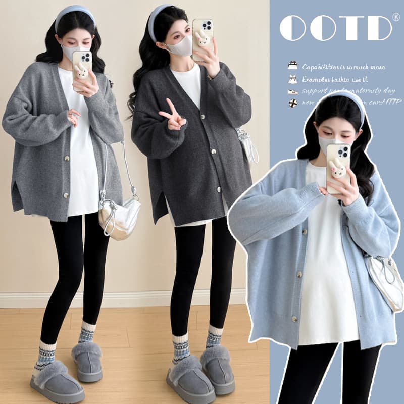 Maternity Autumn/Winter Pregnant Women Korean Loose Mid-Length Knit Sweater Coat Fleece Lined Embroidery Base Layer Casual Set
