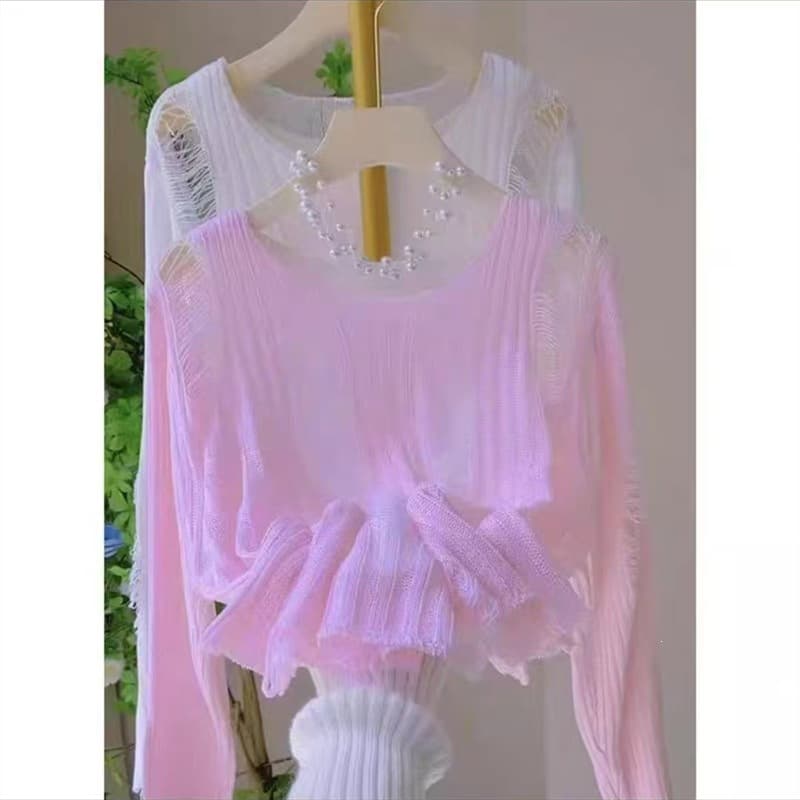 American Style Distressed Sweater Outerwear 2025 Women's Summer Thin Personality Street Trend Knit Top Hot Girl Style