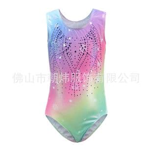 Rainbow Girls Gymnastics Leotard with Gold Foil Print, Kids Dance Costume, Performance Bodysuit, Rhinestone Training Leotard