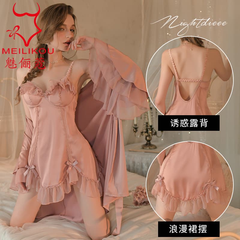 Meiliko Sexy Thin Home Suspender Nightgown French Elegant Bow Mesh Side Robe Can Be Worn Outside 2067
