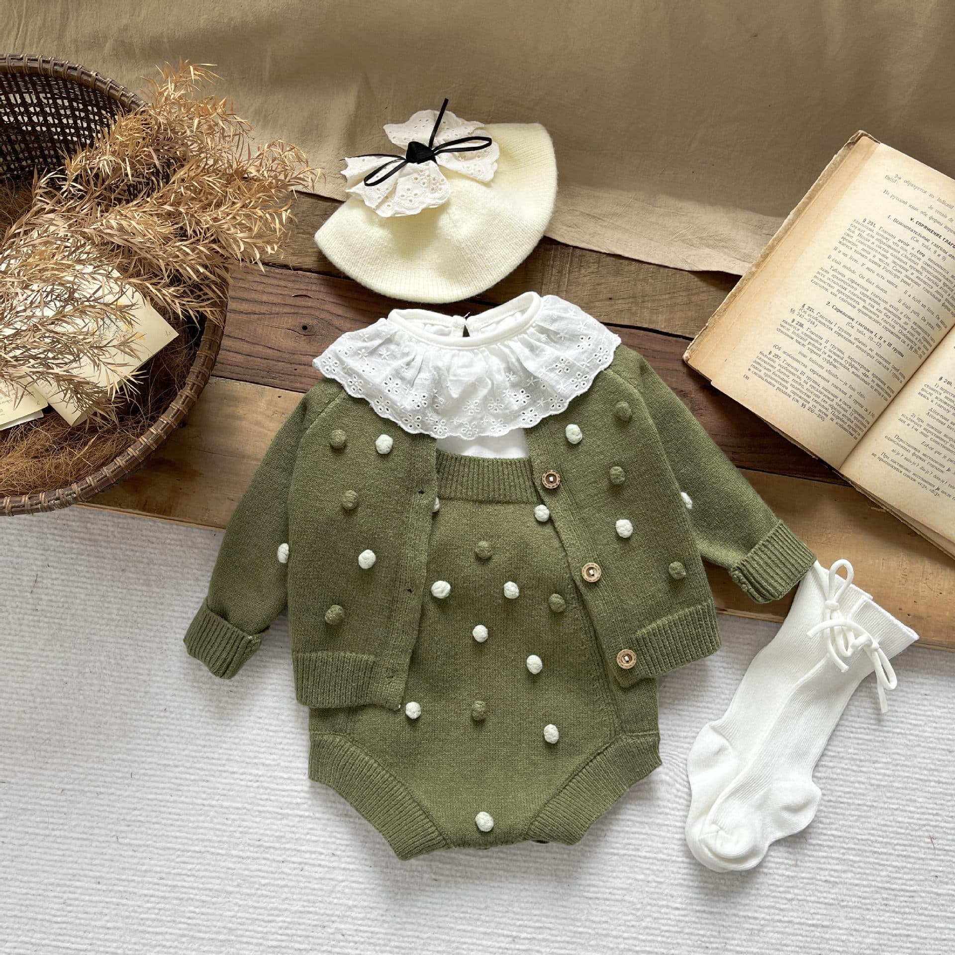Baby Spring and Autumn Sweater Set Baby Style Fur Ball Cardigan Jacket + Backpack Strap Shorts Harness Two-piece Set