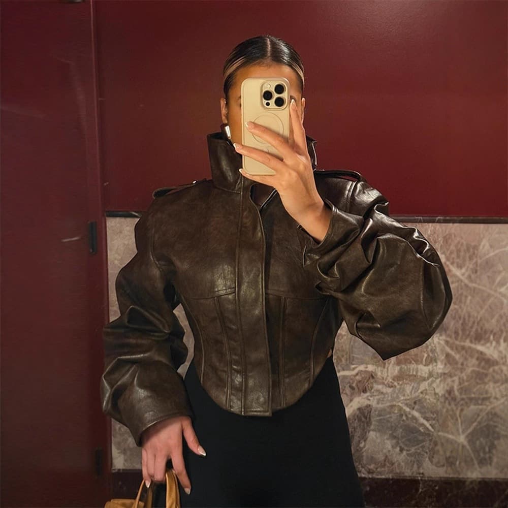 Ready stock - cross-border European and American retro autumn and winter new fashion casual short waisted stand collar leather jackets for women