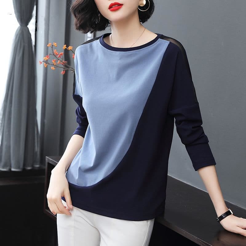 1 spliced two-color long-sleeved T-shirt for middle-aged women, Korean version, loose, slimming, plus size, simple age-reducing bottoming shirt for mothers