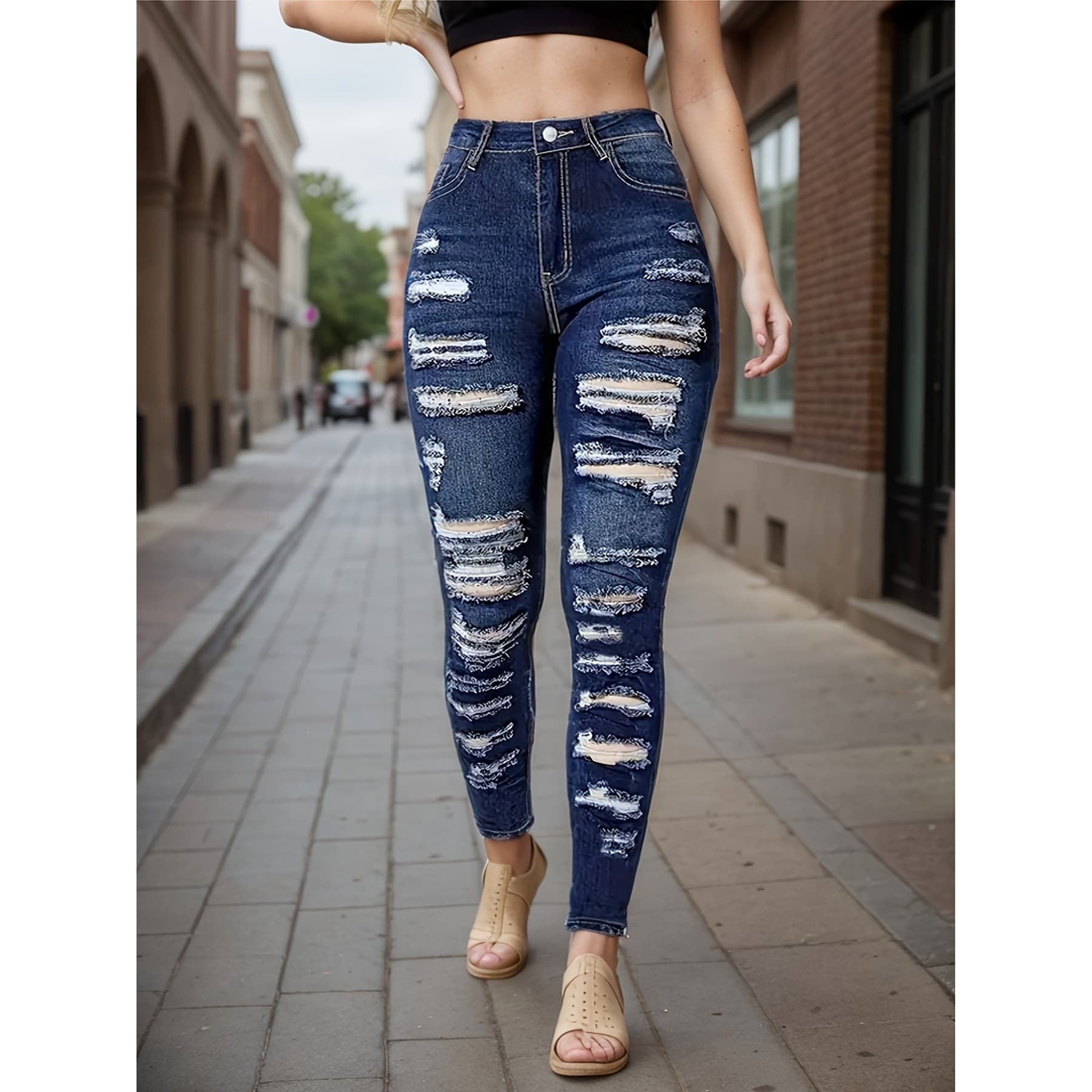 V 2440 Distressed Stretch Women's Jeans Ripped Denim Skinny Jeans Dark Blue