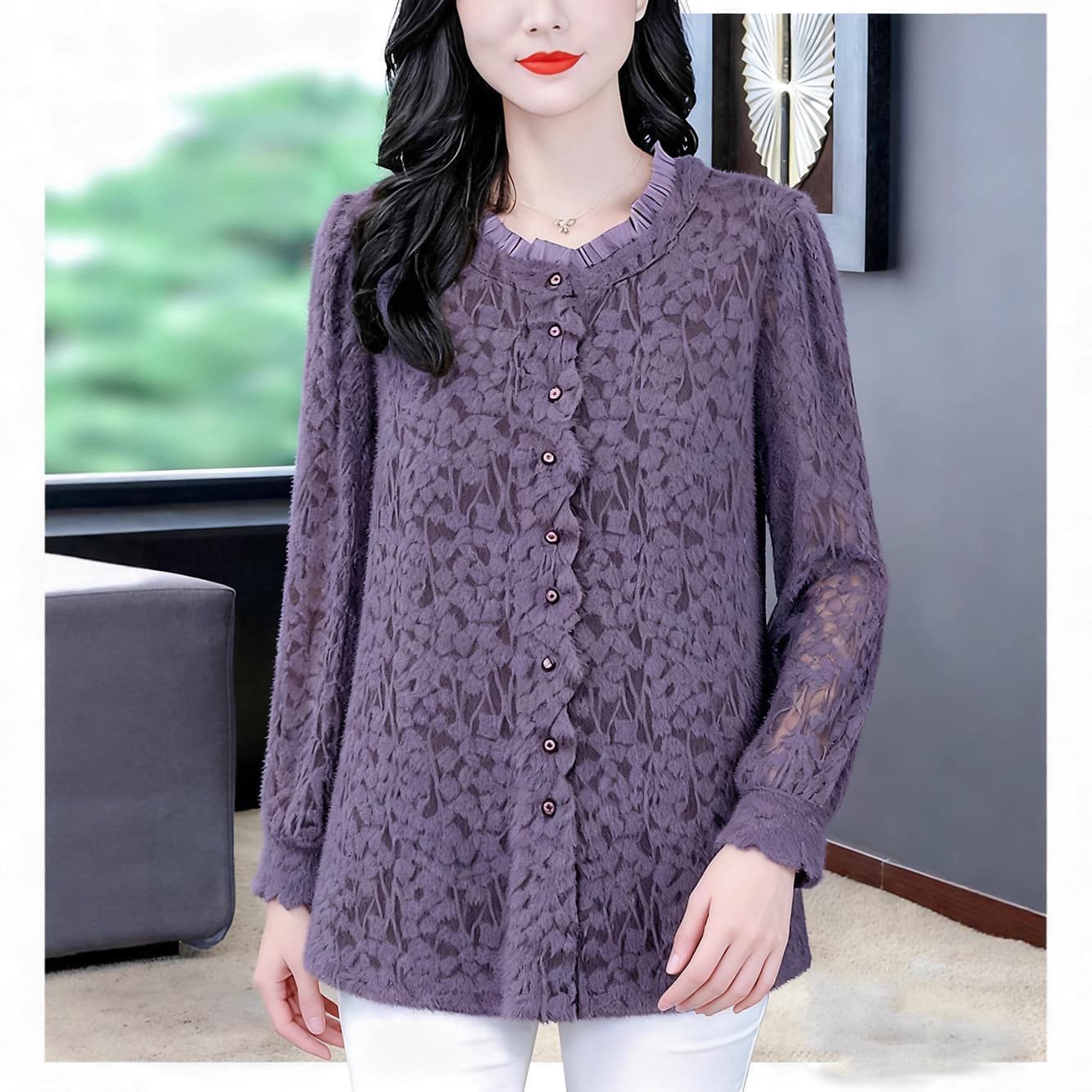 2025 Autumn/Winter New Lace Design Long Sleeve Casual Slimming Loose Elastic Base Shirt 30-Year-Old Mom Women's Clothing