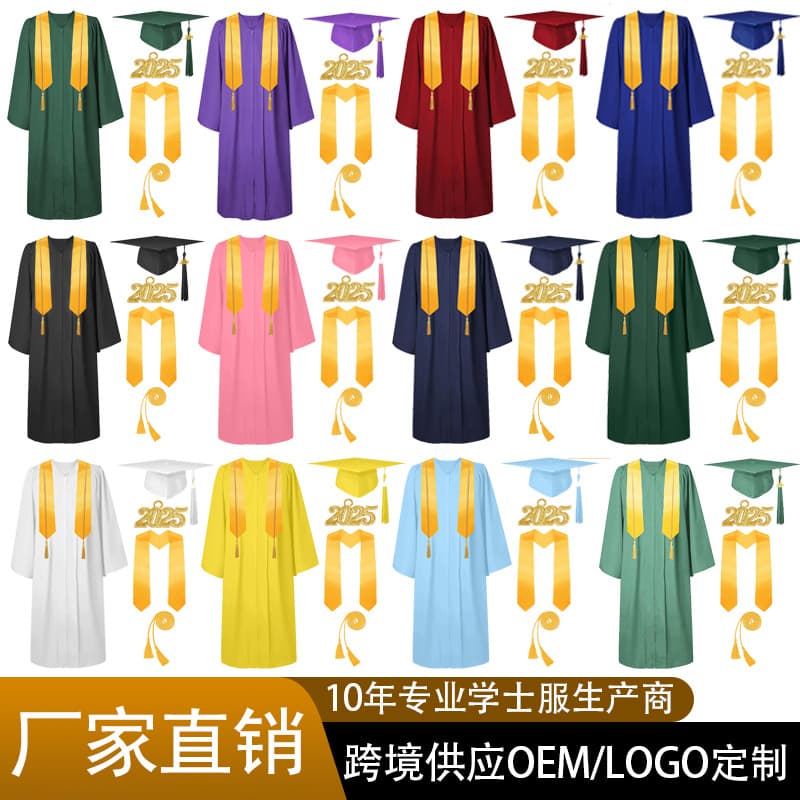 2025 New European and American Style Cross-border Bachelor's Gown, College Student Graduation Robe, Graduation Ceremony Set, Factory Direct Sales and Wholesale