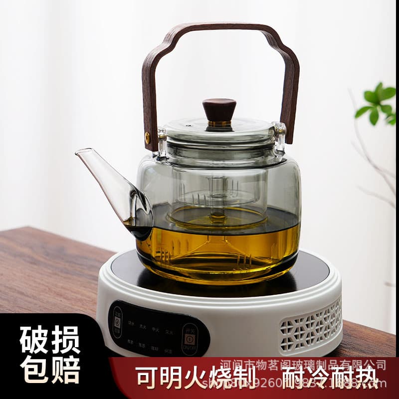 Bamboo-Wood Handle Teapot for Stove Brewing, All-in-One Steaming and Flower Tea Set, High Borosilicate Glass Compatible with Electric Hob