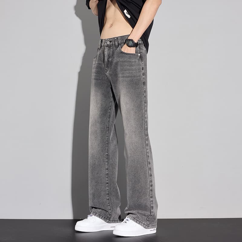 2026 Summer New Retro Sickle Jeans for Men, Loose Wide-Leg Flared with Draping Floor-Length Washed Casual Pants