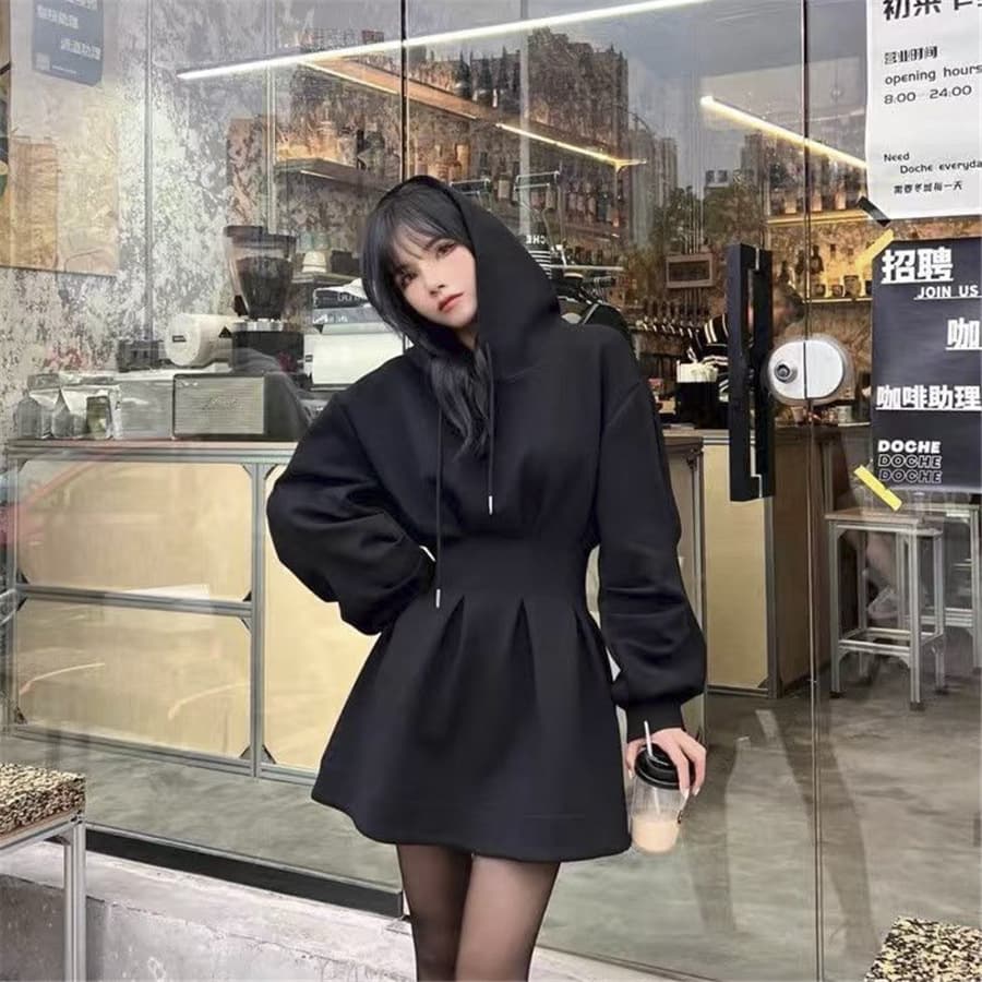 Autumn and Winter Women's Coat with Design, Black Slimming Long-Sleeve Hoodie Dress, A-Line Dress, Fitted Short Dress