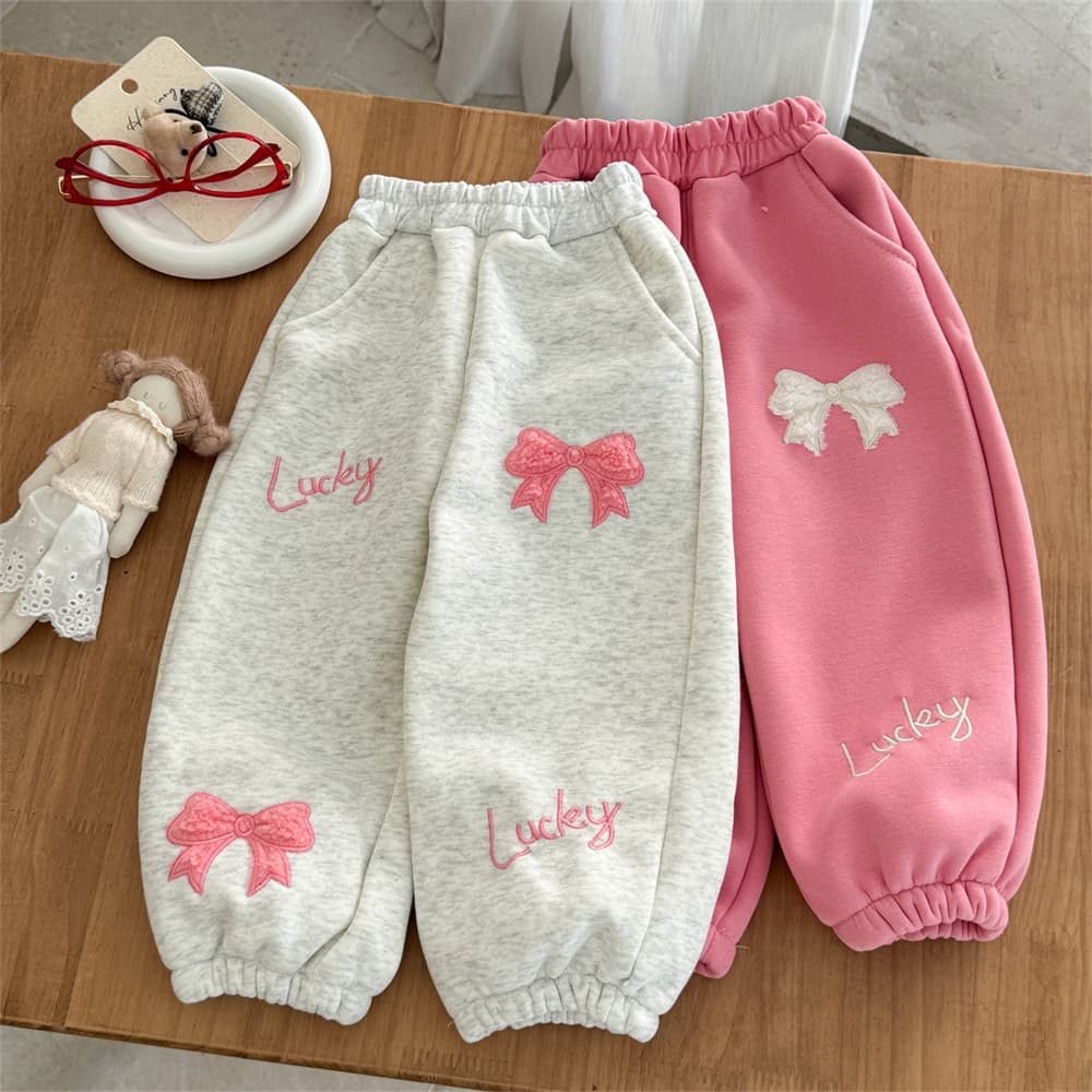 Toddler Girl Bow Fleece Lined Sweatpants Autumn Winter, Baby Girl Casual Thickened Pants Winter Wear, Little Girl Korean Style Long Pants