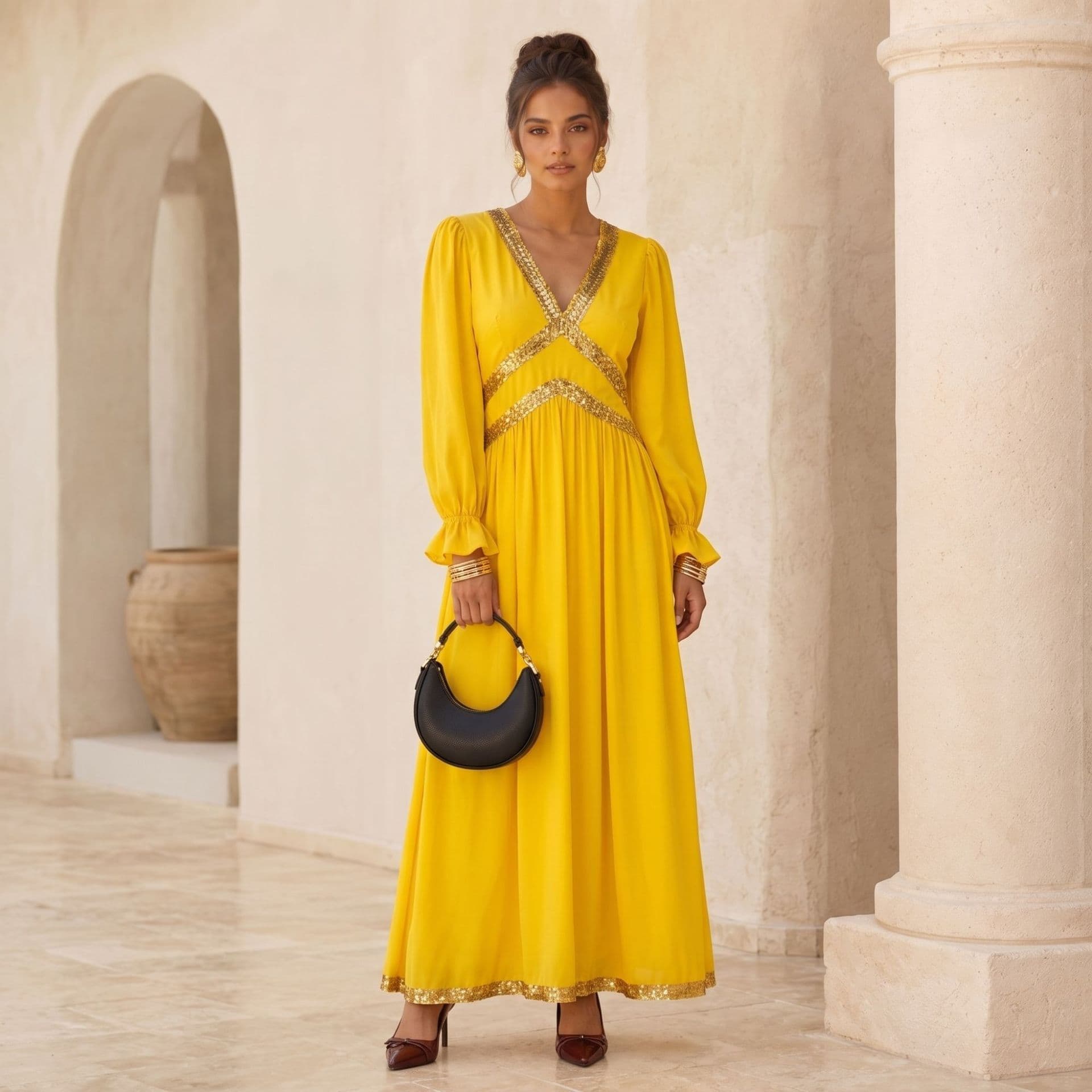 French Elegant V-Neck Long Sleeve Dress Women's New Gold Sequin Waist Temperament Holiday Long Dress