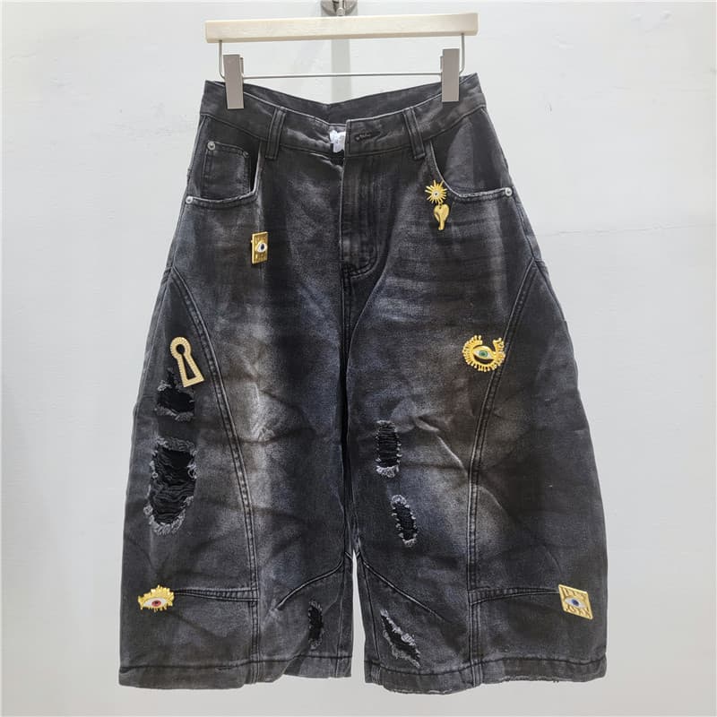 American High-Street Style Distressed Denim Capri Pants with Eye Embroidery, Loose Wide-Leg 7/8 Pants, Trendy Women's Fashion