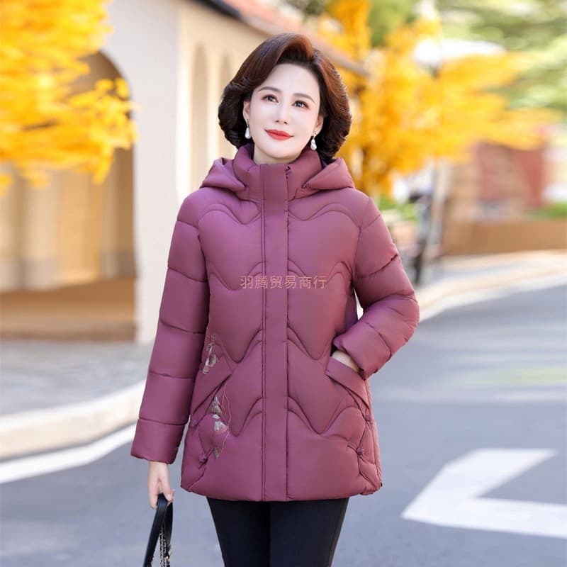 2025 Winter New Fashion Casual Versatile Elegant Cotton Coat for Middle-Aged and Elderly Women, Embroidered Warm Elderly Cotton Jacket