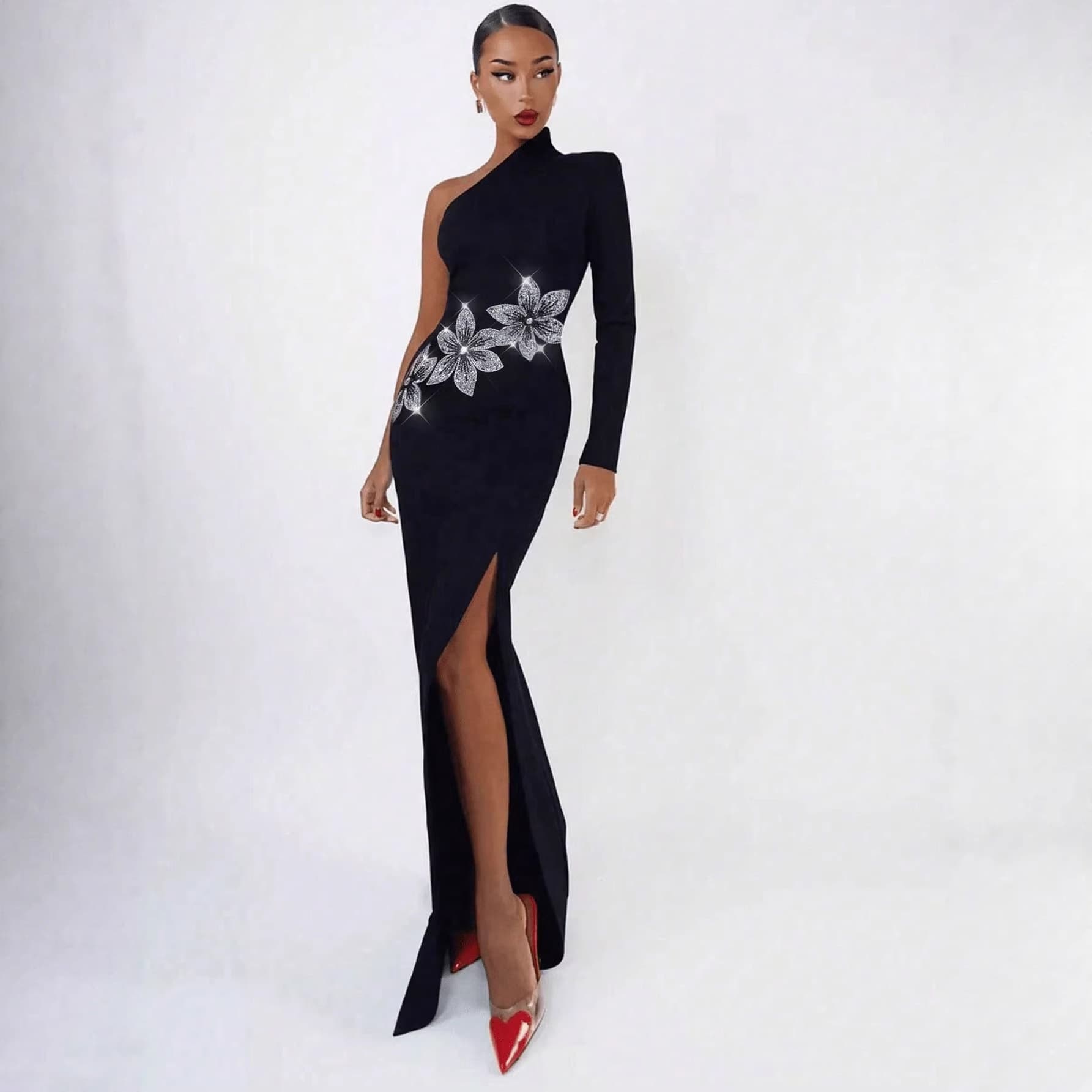 2025 Cross-border European and American Fashion Elegant Sexy Dress Black Off-Shoulder One-Sleeve Slit Dress