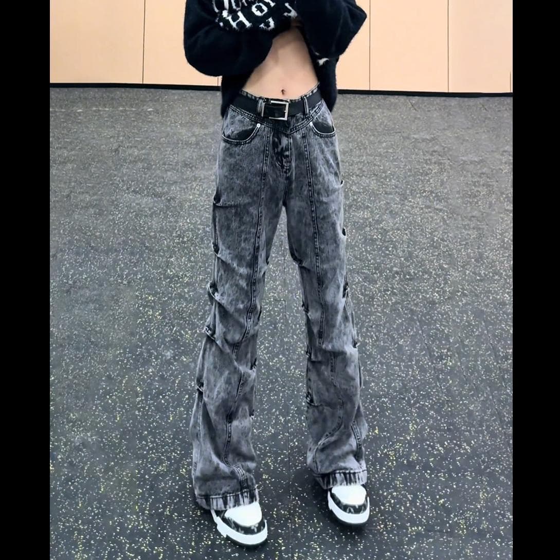 American retro pleated micro-flared jeans men's straight slim overalls cleanfit handsome street pants