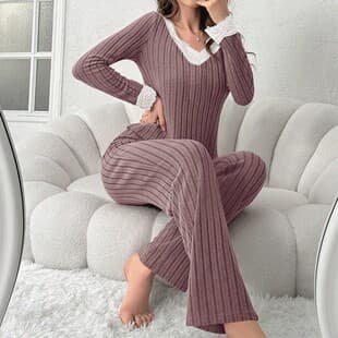 Cross-Border Two-Piece Set for Women, 2024 Autumn/Winter New Fashion Casual V-Neck Lace Ribbed Knit Set