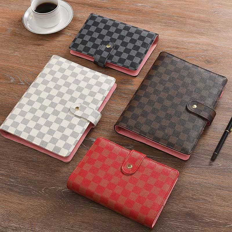 A5 Loose-Leaf Notebook with Custom Logo Printing, Business Card Holder, Meeting Minutes Notepad, Vintage Grid Design, and Metal Binder