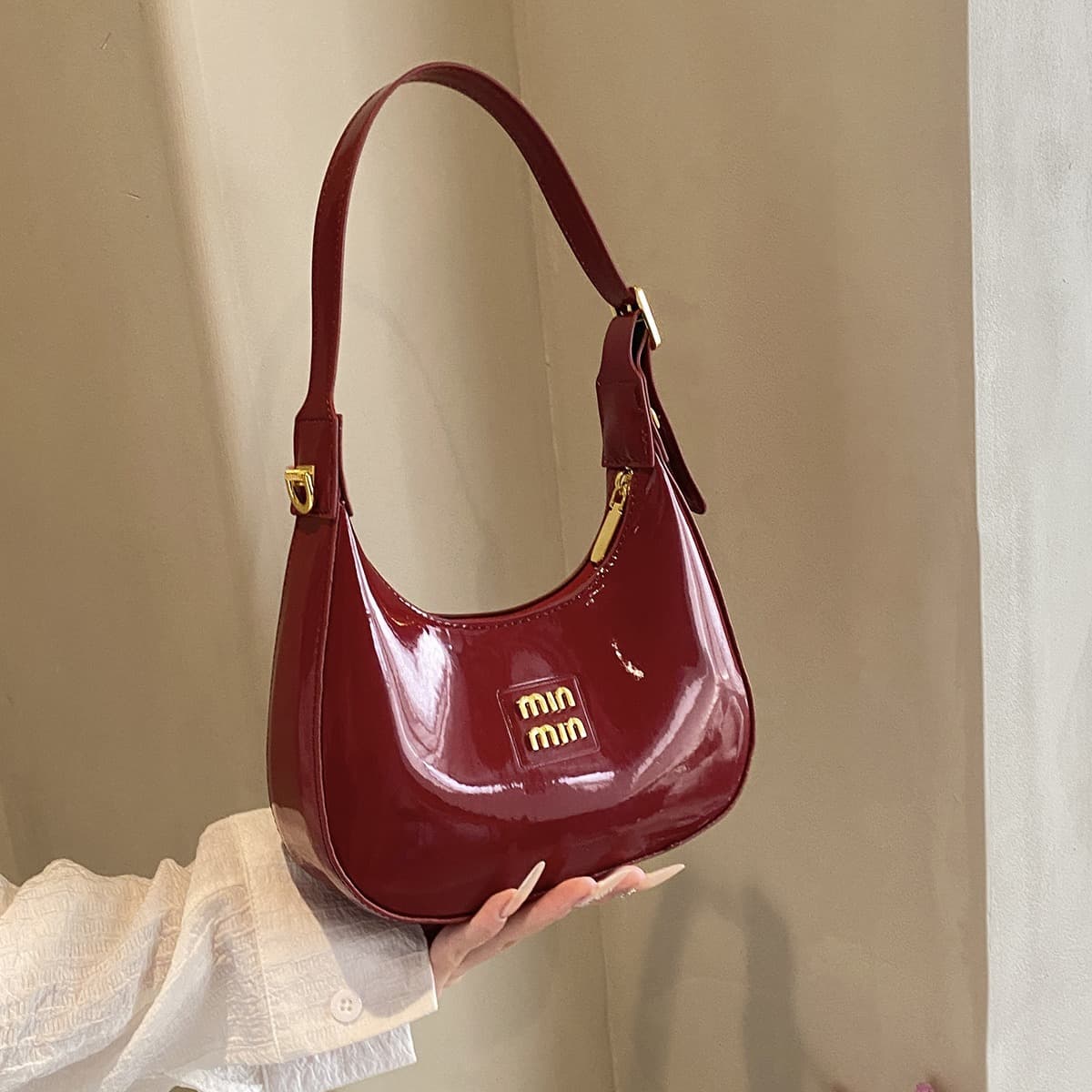 Patent Leather Shoulder Bag Women's Crossbody Bag Underarm Bag Commuter Bag High Fashion Versatile Letter Crescent Moon Bag