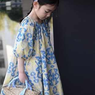 Girls' Dress 2025 New Fashionable Children's Skirt Spring and Summer Girls' Princess Dress Puff Sleeve Floral Long Dress