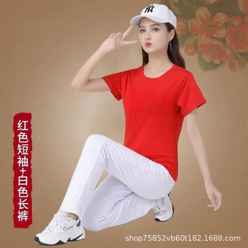Summer Sportswear Set for Women Square Dance Outfit Crew Neck Short Sleeve Casual Fashion Straight Leg Pants Two-Piece Set