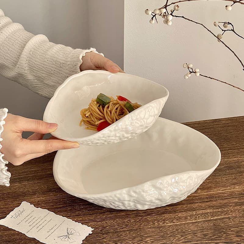 Rock pattern shell plate, high-end ceramic plate, household vegetable plate, soup plate, creative pure white steak pasta Western plate