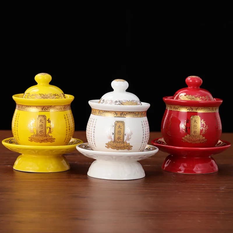 Ceramic Buddhist Offering Cup, Great Compassion Water Cup, Lotus Holy Water Cup with Buddha Inscription, Altar Offering Cup for Guanyin, Buddhist Supplies