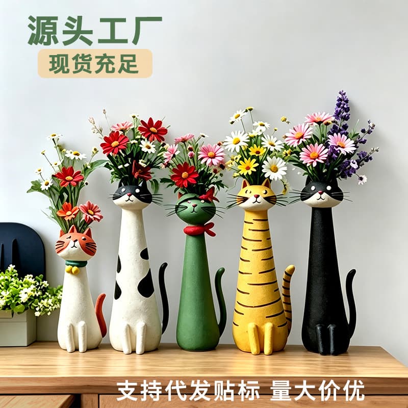 Ins-style Cat Resin Vase, Cross-border Home Decoration Dried Flower Ornament Cat Vase Gift for Foreign Trade Independent Station