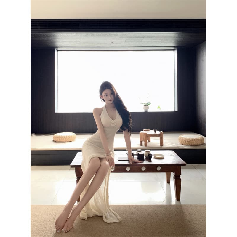Real shot of popular deep V-neck backless holiday style long dress sexy high slit flower suspender knitted dress
