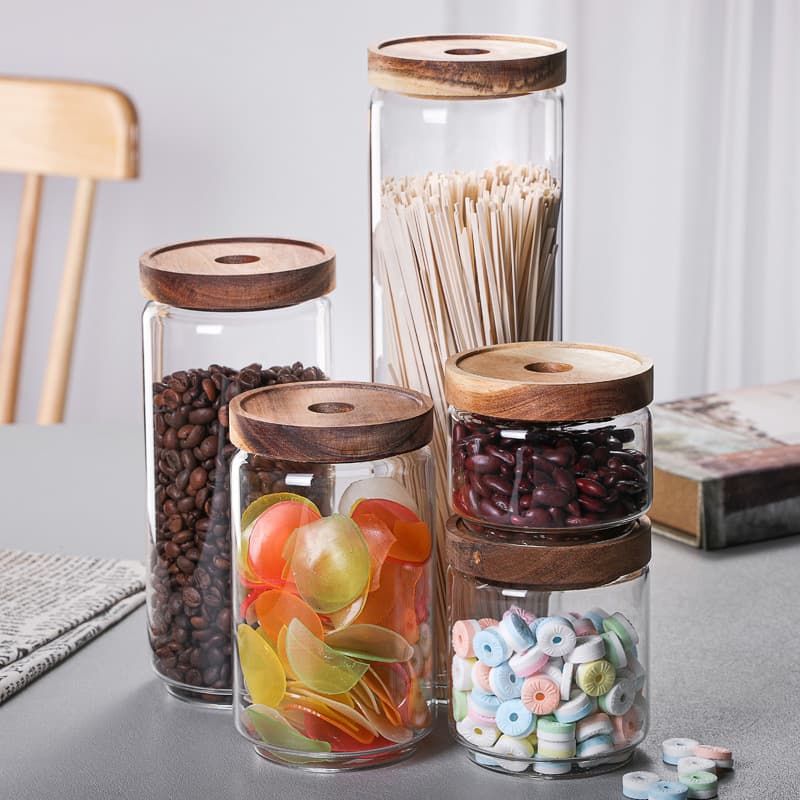 Wholesale Acacia Wood Glass Tea Canister Storage Jar Sealed Container for Grains and Cereals Kitchen Organization Bottle