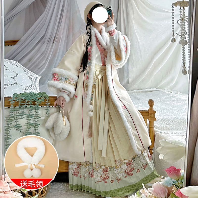 Beauty's Wish" Winter Song Style Hanfu Women's Fleece-Lined Thickened Front-Opening Long Jacket Cross-Collar Daily Pleated Skirt