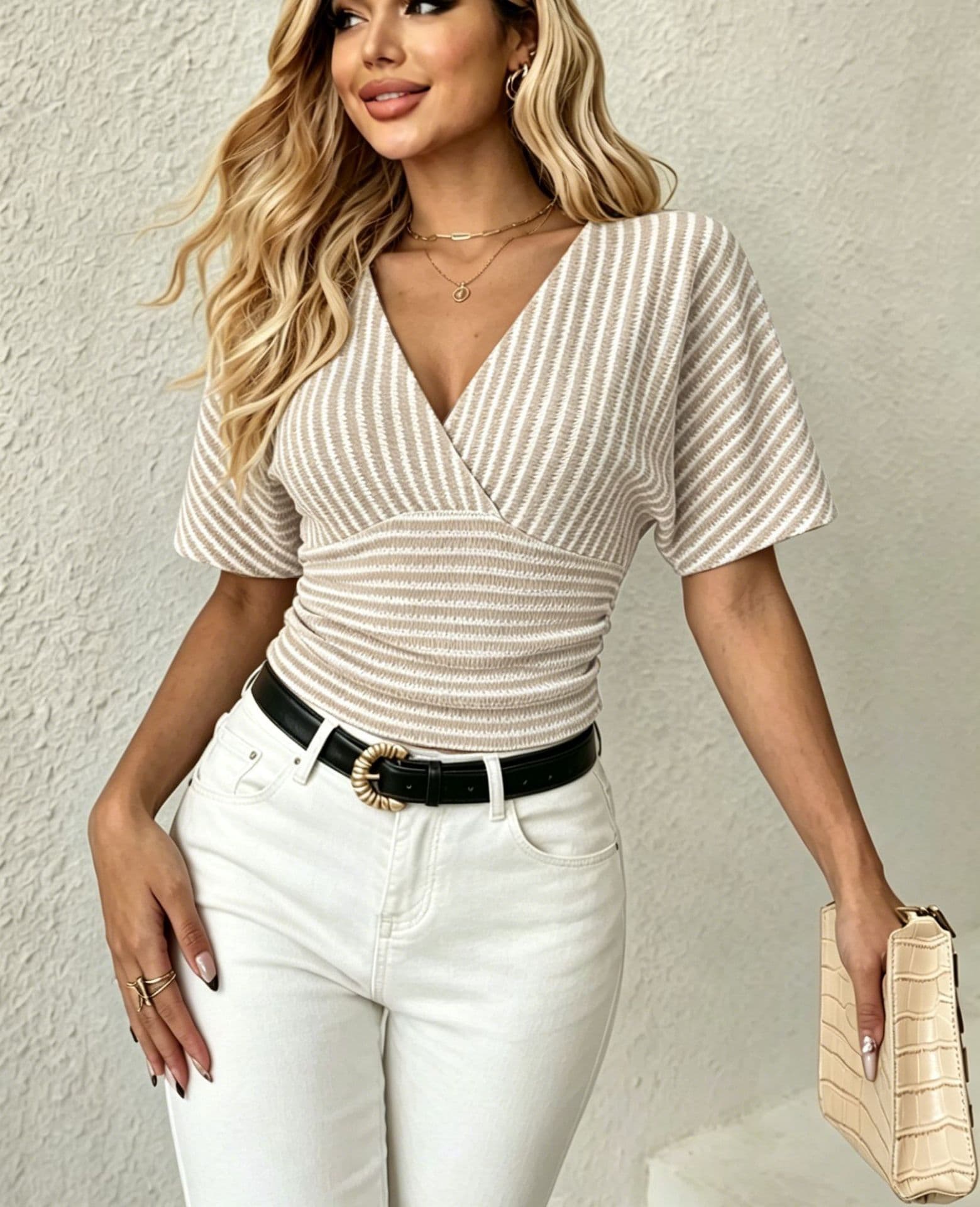 In Stock 2026 Spring European and American Cross-Border Style Striped Short-Sleeve V-Neck Slim Fit Women's T-Shirt