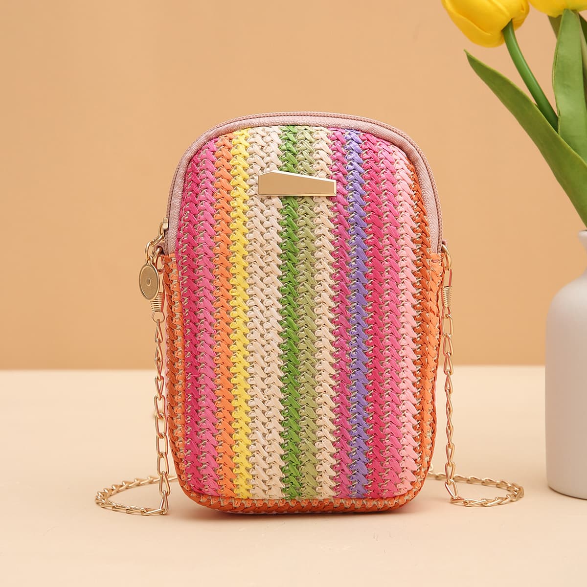 Versatile girls crossbody bag rainbow bag colorful straw bag 2025girl handbags woven mobile phone bag