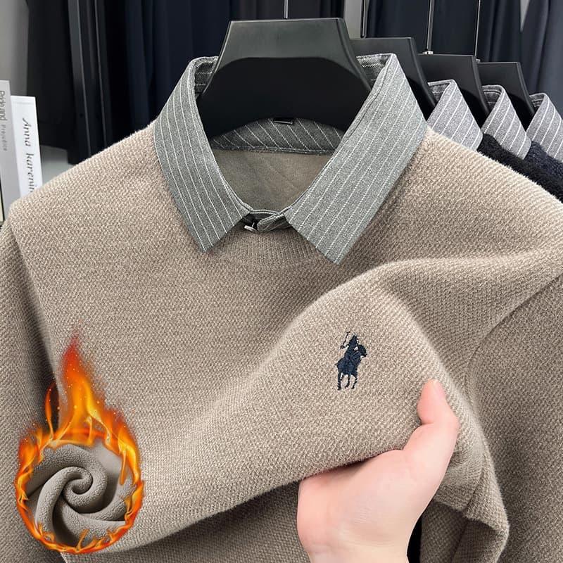 Thickened Integrated Fleece Men's Sweater Shirt Collar Fake Two-piece Winter Warm Long Sleeve T-shirt Knitted Fleece Lined Base Layer Top