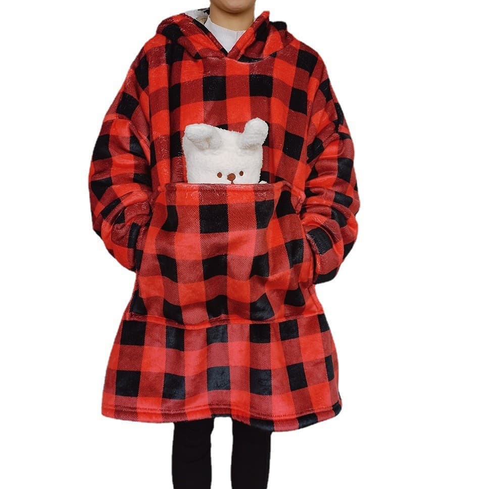 Cross-border Bestseller Lazy Blanket VT Hooded Sherpa Red Plaid TV Blanket Double-layer Thickened Wearable Pullover Blanket