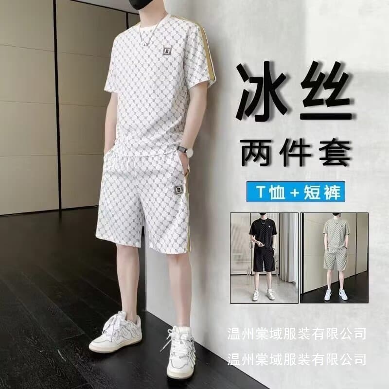Casual Two-Piece Summer Men's New Thin Ice Silk Set Trendy T-Shirt Stylish Short Sleeve Shorts Wholesale