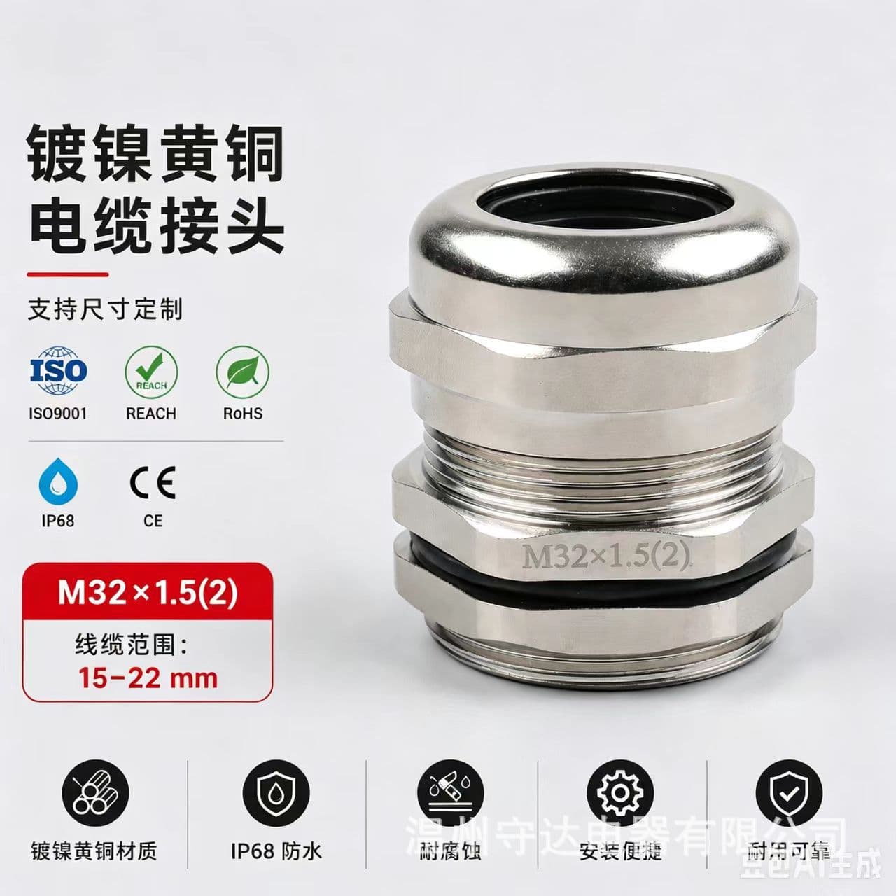 Factory Direct Metal Waterproof Connector Brass Nickel-Plated Cable Gland M32 Brass Gland