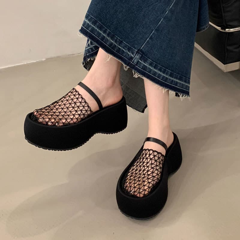 2025 Spring/Summer New Mesh Hollow Slide Sandals Thick Platform Roman Sandals for Export